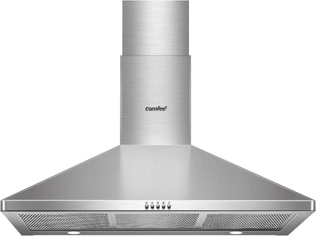 COMEEE' CVP36W6AST 36 Inch Ducted Pyramid Range 450 CFM Stainless Steel Wall Mount Vent Hood with 3 Speed Exhaust Fan, 5-Layer Aluminum Permanent Filters, Two LED Lights, Convertible to Ductless