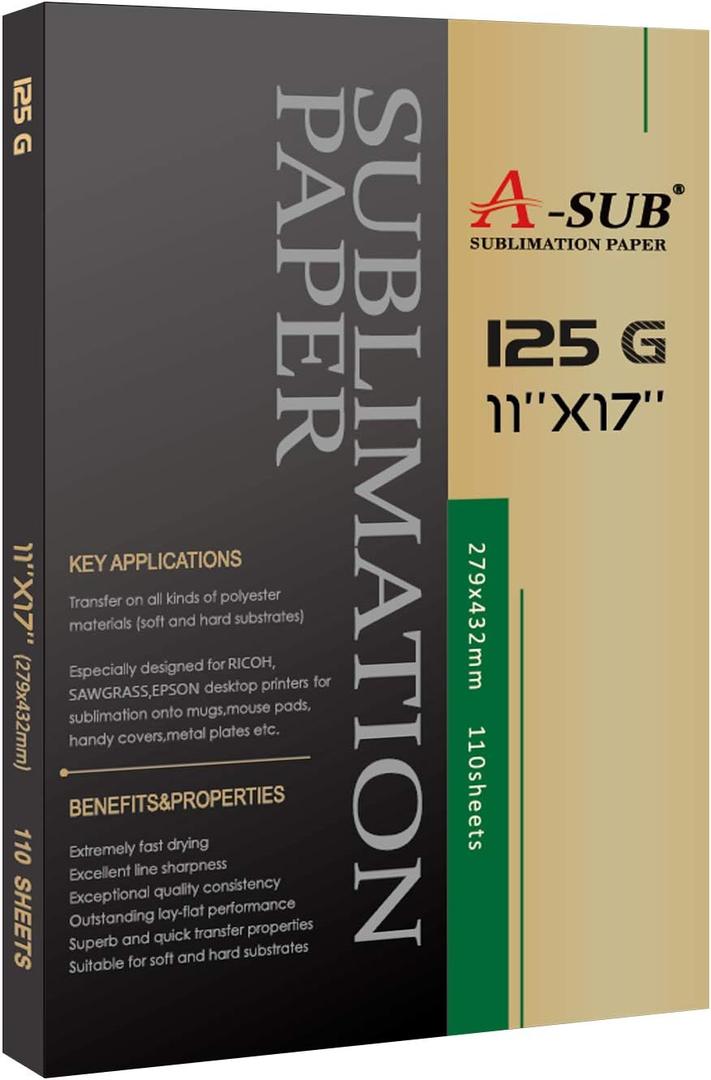 A-SUB Sublimation Paper 11x17 Inch 110 Sheets Compatible with Sublimation Printer and Ink 125g