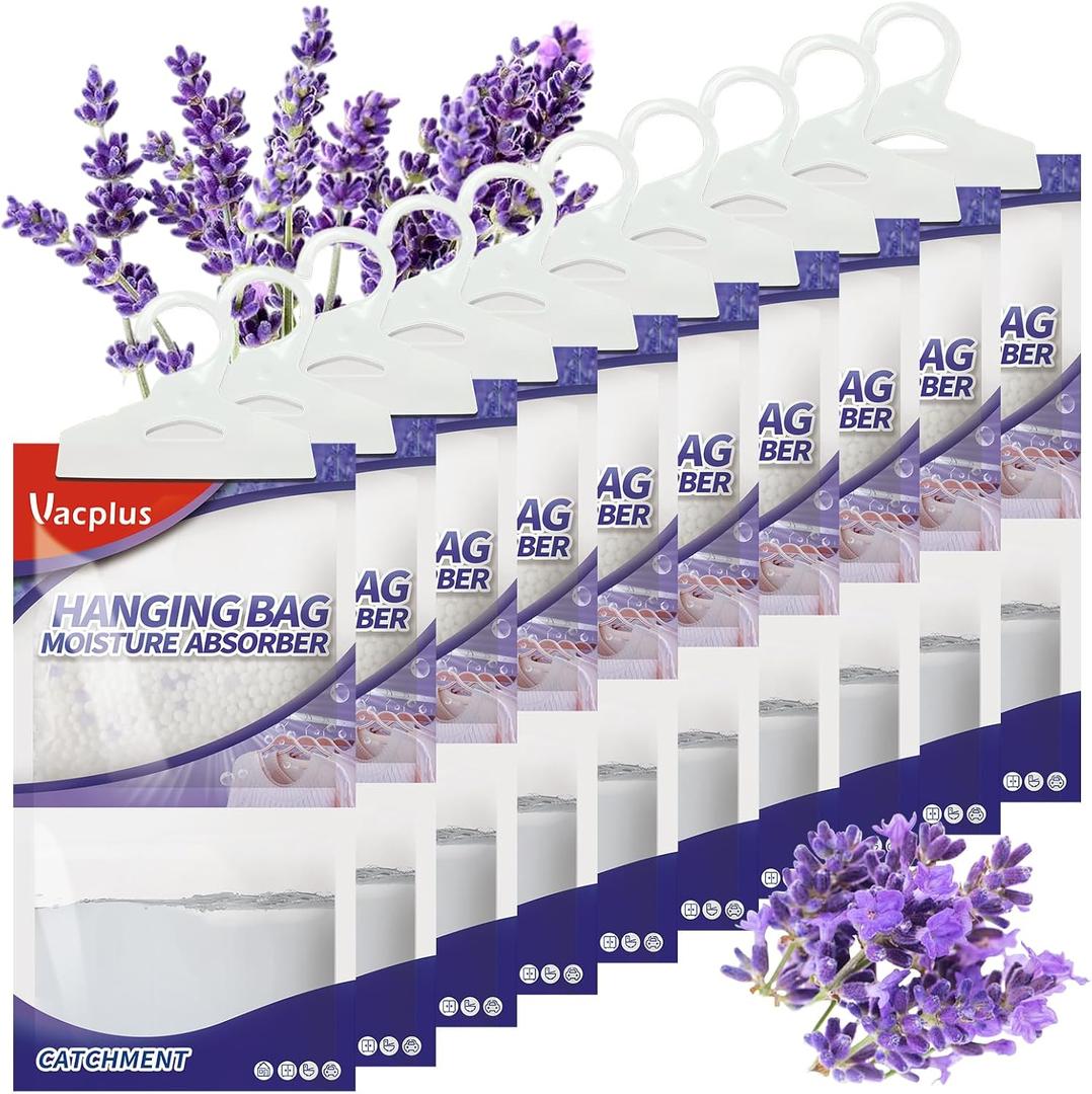 Vacplus Moisture Absorbers, Hanging Closet Dehumidifier Bags, Humidity Packs, Desiccant, Closet Dehumidifiers with Lavender Fragrance, 10 Pack, 9.8OZ (Purple)