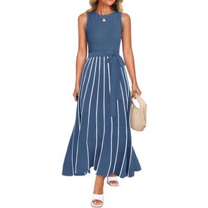 ZESICA Women's Summer Sleeveless Maxi Dress 2025 Crewneck Ribbed Knit Tie Waist Casual A Line Sweater Dresses (Medium)