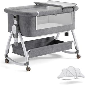 bonbay Baby Bassinet, Bedside Bassinet for Baby, 4 in 1 Portable Bassinet Bedside Sleeper with Wheels Mosquito Net & Storage Basket, 6 Height Adjustable Rocking Bassinet for Newborn Baby (Grey)