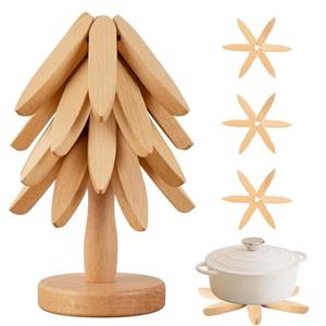 Vertdens Wooden Trivets for Hot Dishes, Hot Dish Coaster with Tree-Shaped Wood Collapsible Hot Pad Trivet Tree for Restaurant, 4 Wooden Trivet + 1 Stand（Beech Wood）