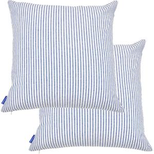 JES&MEDIS Pack of 2 Pillowcase Cotton Striped Home Decor Square Throw Pillow Covers Set for Office Bed Car Club 18 x 18 Inches 45 x 45 cm Blue and White
