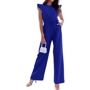 BTFBM Women Jumpsuits Crew Neck Ruffle Cap Sleeve Belted High Waist Wide Leg Romper with Pockets One Piece Casual Outfits (X-Large, Royal Blue)