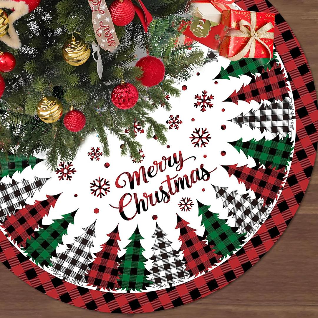 48 Inch Christmas Tree Skirt Red Black Buffalo Plaid Tree Skirt Rustic Merry Christmas Round Trees Mat with Snowflakes for Winter Holiday Party Home Xmas Trees Decoration