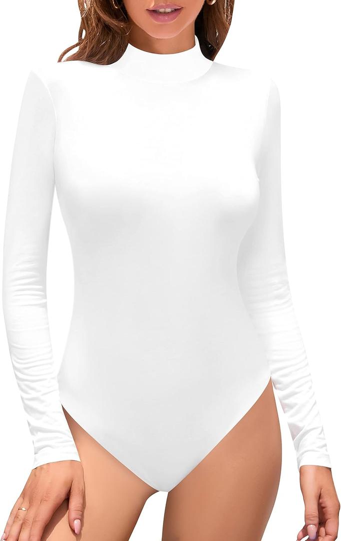 SHEIUGU Women's Sleeveless Long Sleeve Mock Turtle Neck Bodysuit Soft Slim Fit Stretchy Layer Top Classic Jumpsuit (X-Large, White)