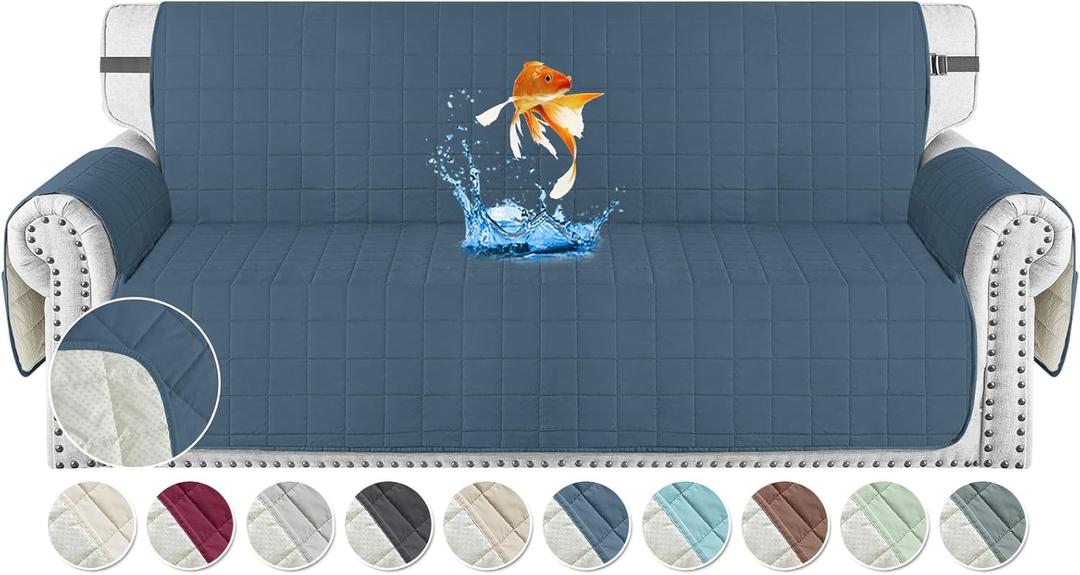 MAXIJIN Waterproof Oversized Couch Covers for 3 Cushion Couch, 79" Quilted Sofa Covers Washable Pet Dog Couch Cover Protector with Elastic Strap & Side Pocket (Large Sofa, Berlin Blue)