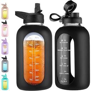 CIVAGO 64 oz Glass Water Bottle Jug with Straw and Handle, Half Gallon Sports Motivational Water Bottle with Time Marker, Wide Mouth Flask Canteen with Silicone Sleeve for Gym, Black