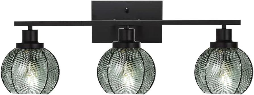 3-Light Bathroom Light Fixture Green Wall Lights with Ribbed Glass Shade Black Vanity Light Over Mirror Mid Century Wall Sconce for Bedside Bedroom Living Room
