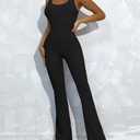 OVESPORT Workout Flare Jumpsuits Women Sexy Scrunch Butt Yoga Romper Backless Gym Bodycon V Back Seamless Unitard Playsuit Black, X-Large