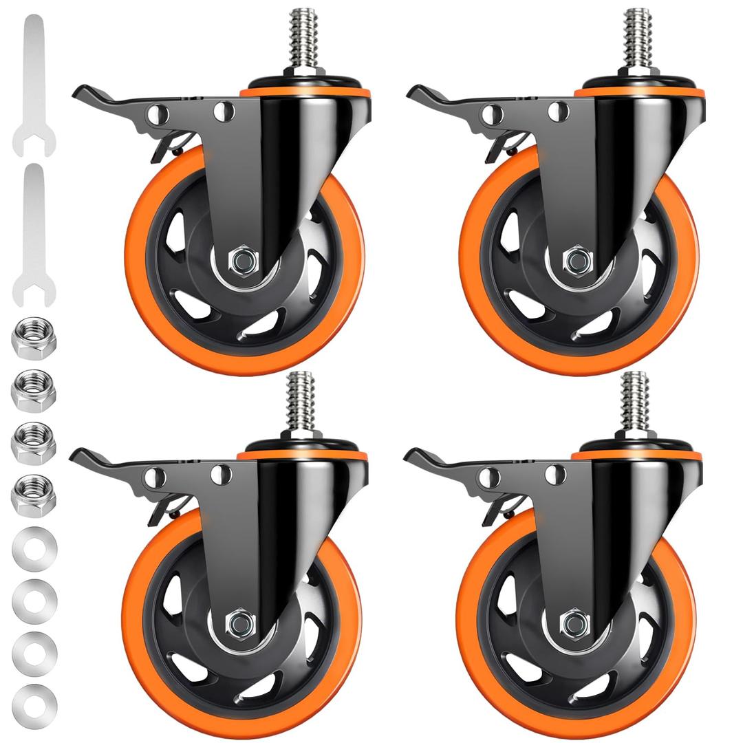 Caster Wheels Heavy Duty 5 Inch Stem Caster 2400Lbs, Threaded Stem Casters 1/2"-13 x 1(Stem Diameter 1/2", Stem Length 1"), Safety Locking Caster Set of 4, Industrial Castor Wheels for Cart,Furniture