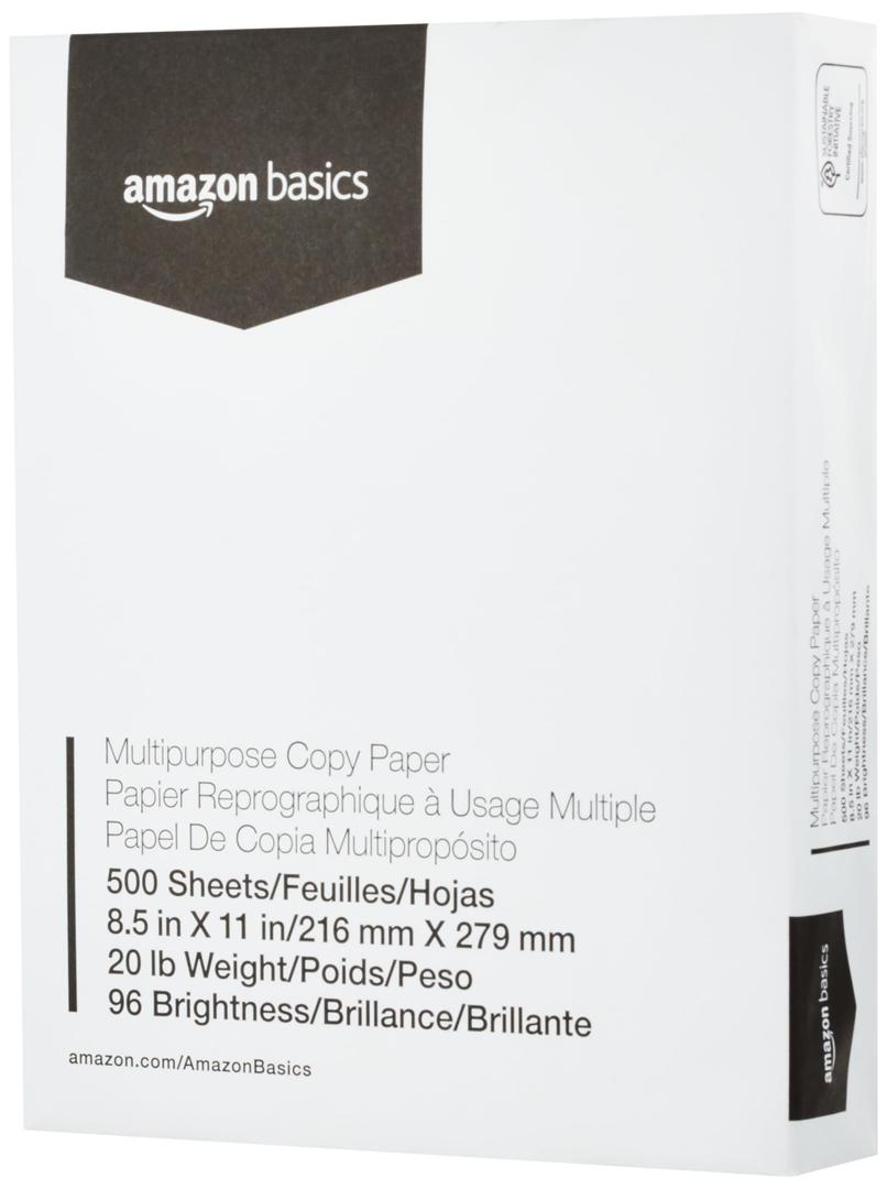 Amazon Basics Multipurpose Copy Printer Paper, 8.5 x 11 Inches, 20 lb, 1 Ream, (500 Sheets), 96 Bright, White, Pack Of 2