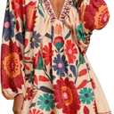 RoseSeek Women's Boho Floral V Neck Mini Dress Bishop Sleeve Tropical Dress (L)
