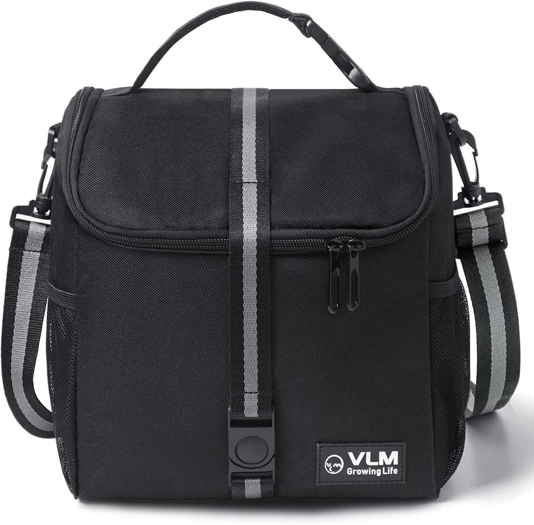 VLM Lunch Bags for Women,Leakproof Insulated Floral Lunch Box with Adjustable Shoulder Strap Reusable Zipper Cooler Tote Bag for Work,Picnic,Camping (Medium, Black)