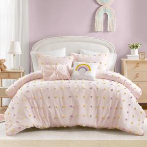 Intelligent Design Callie Girls Full/Queen Comforter Set, Pink 5-Piece Kids Bedding, 100% Cotton Tufted Pom Pom Tufted Jacquard, All Season Down Alternative, Cozy Shabby Chic Bedroom Dcor