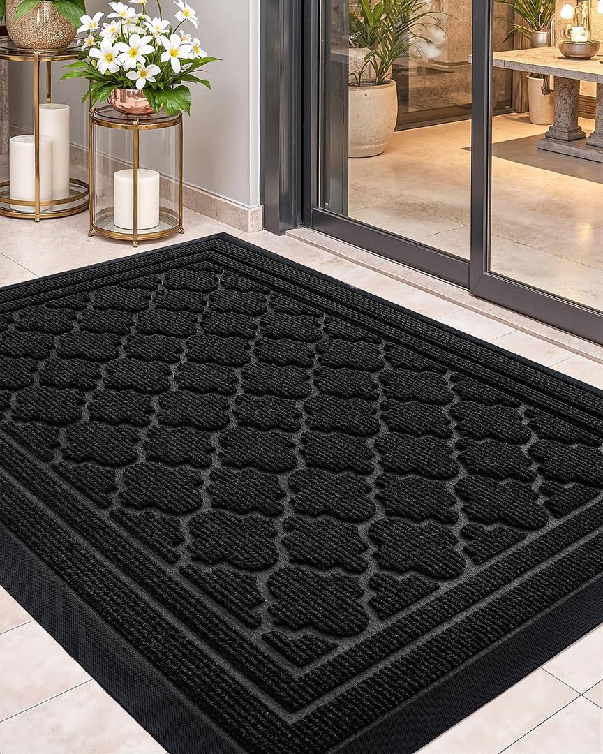 Color&Geometry Front Door Mat Outside Entrance, Heavy Duty Non Slip Low Profile Doormat for Entryway, Trap Dirt and Moisture Welcome Mats All-Weather, Easy Clean, Patio, Garage, 17"x30" Black