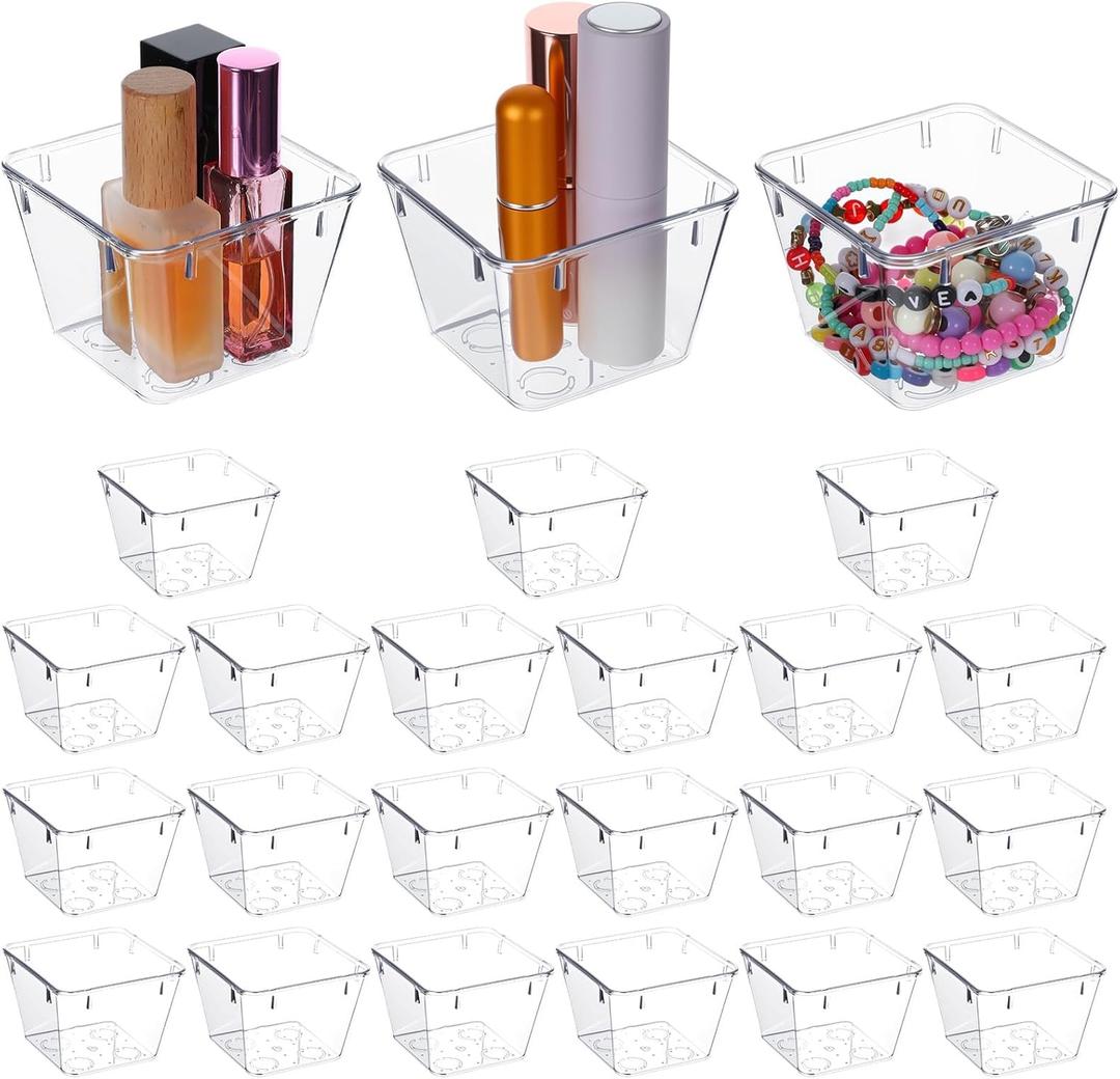 Nodaaiie 24 Pcs Clear Plastic Drawer Organizer Set, 3 x 3 x 2 Inch Stackable Storage Bins Dividers for Makeup, Office, Kitchen, Bathroom Organization