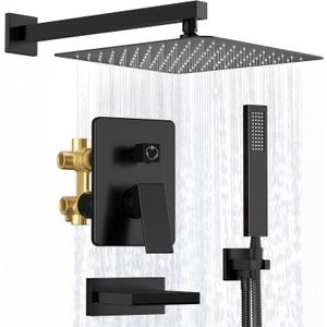 Kurpot Shower System with Tub Spout, All Metal Matte Black Shower Faucet Set with Valve, 10'' Rain Shower Head with Handheld Spray, 59'' Shower Hose and Diverter, Wall Mounted Bath Tub Faucet Set