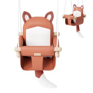 Wooden Baby Swing with Soft Safety Belt, Cozy Infant Swing Seat for Indoor & Outdoor Use, Adjustable Height, Includes Mounting Hardware  Suitable for Babies & ToddlersFox-Themed in Red