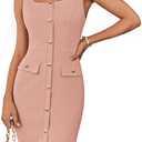 GRACE KARIN 2025 Women's Buttons Belted Square Neck Business Work Dress Sleeveless Bodycon Midi Dress (Large, Pink)