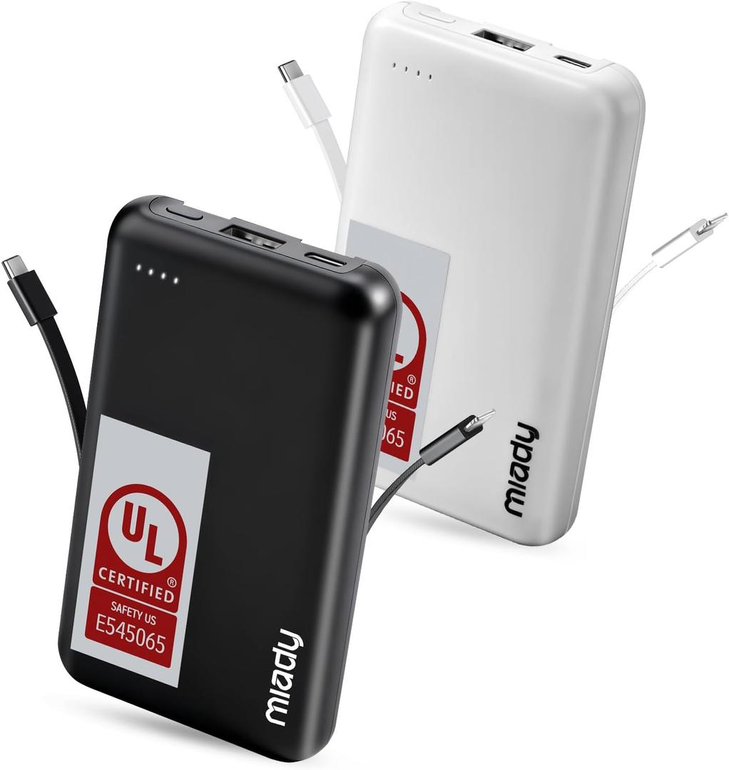 Miady UL Listed 2-Pack Small Portable Charger 5000mAh Power Bank for Travel | 18.5WhBuilt-in 2 Cables3 Outputs 2 InputsCompatible with iPhone Android etcFlight-Safefor Backpack CampinglBlack+White