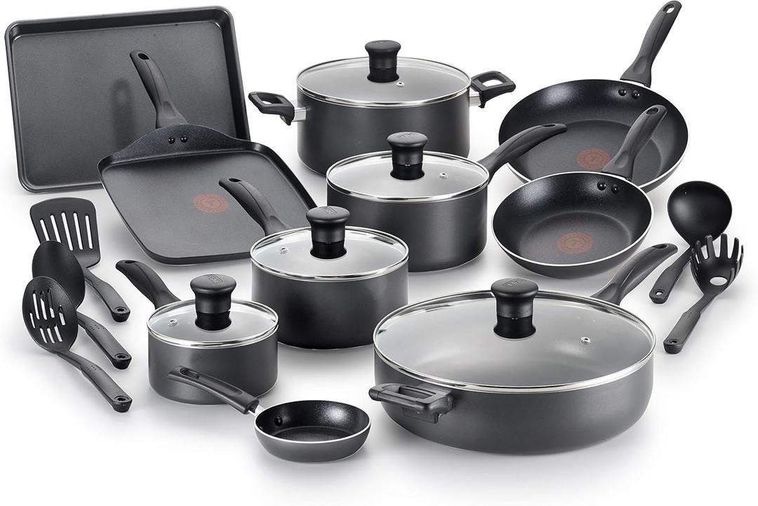T-Fal Everything in Kitchen Total Nonstick Diswasher Safe Pots and Pans Cookware Set, 20-PC, Black