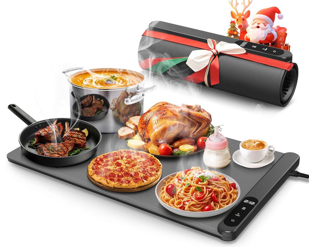 Food Warming Mat, Graphene Heating Warming Mat for Food, Portable Electric Warming Tray for Parties Buffet with 6 Hours Timer Setting, Roll Up Food Warmer Mat, Grey