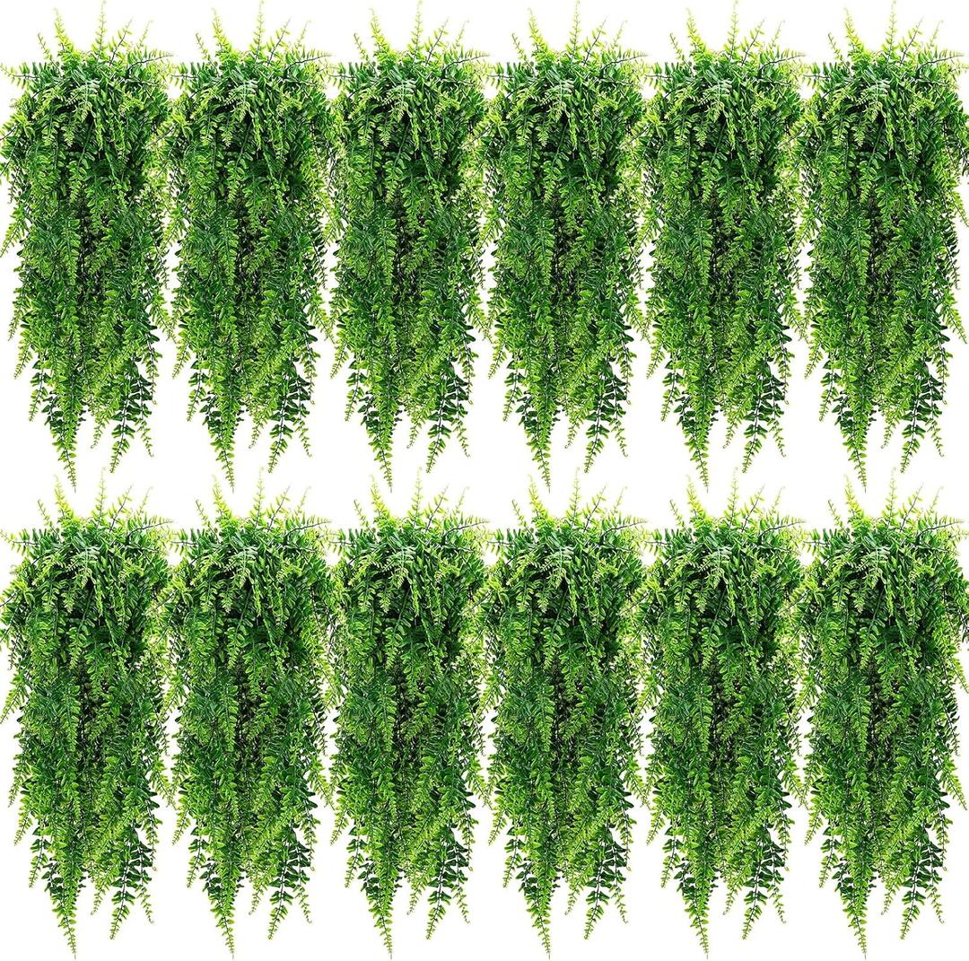 Geosar 12 Pcs Artificial Hanging Plants 32 Inch Hanging Boston Ferns Plastic Fake Plants for Wall Room Garden Wedding Garland Indoor Outdoor Decoration, No Basket