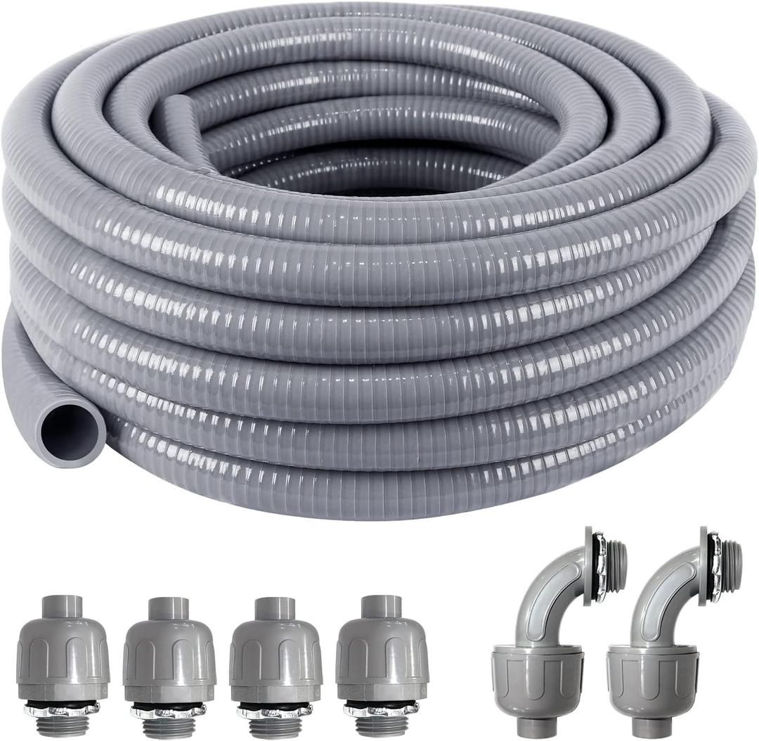 1-1/4inch 25FT Electrical Conduit Kit,Liquid-Tight Conduit and Connector Kit with 4 Straight and 2 Angle Fittings Included,Flexible Non Metallic Conduit(1-1/4" Dia,25 Feet)