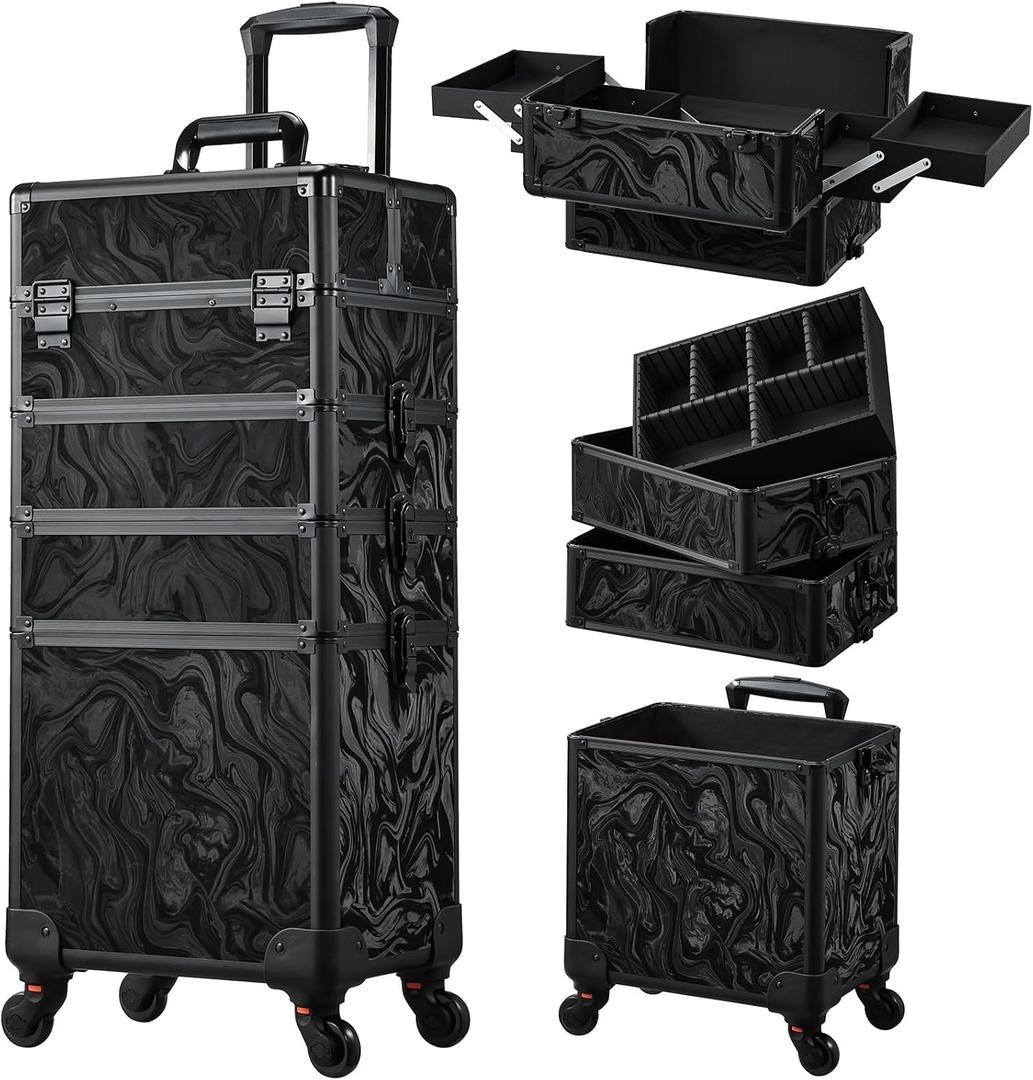 Stagiant Rolling Makeup Case Cosmetology Case on Wheels 4 in 1 Makeup Travel Case Extra Large Cosmetic Box with Key Make Up Artist Traveling Storage Nail Case Salon Barber Cart Trunk Alpine Black