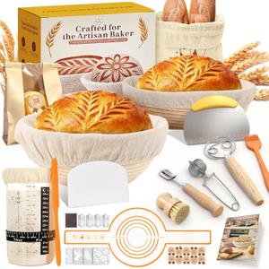 Complete Sourdough Starter Kit | Easy to Clean & Use for Beginners & Bakers | Natural Rattan Proofing Basket with Full Accessories | Sourdough Bread Baking Supplies for Bakers Women Wife (9" Round & 10" Oval Baskets Set)