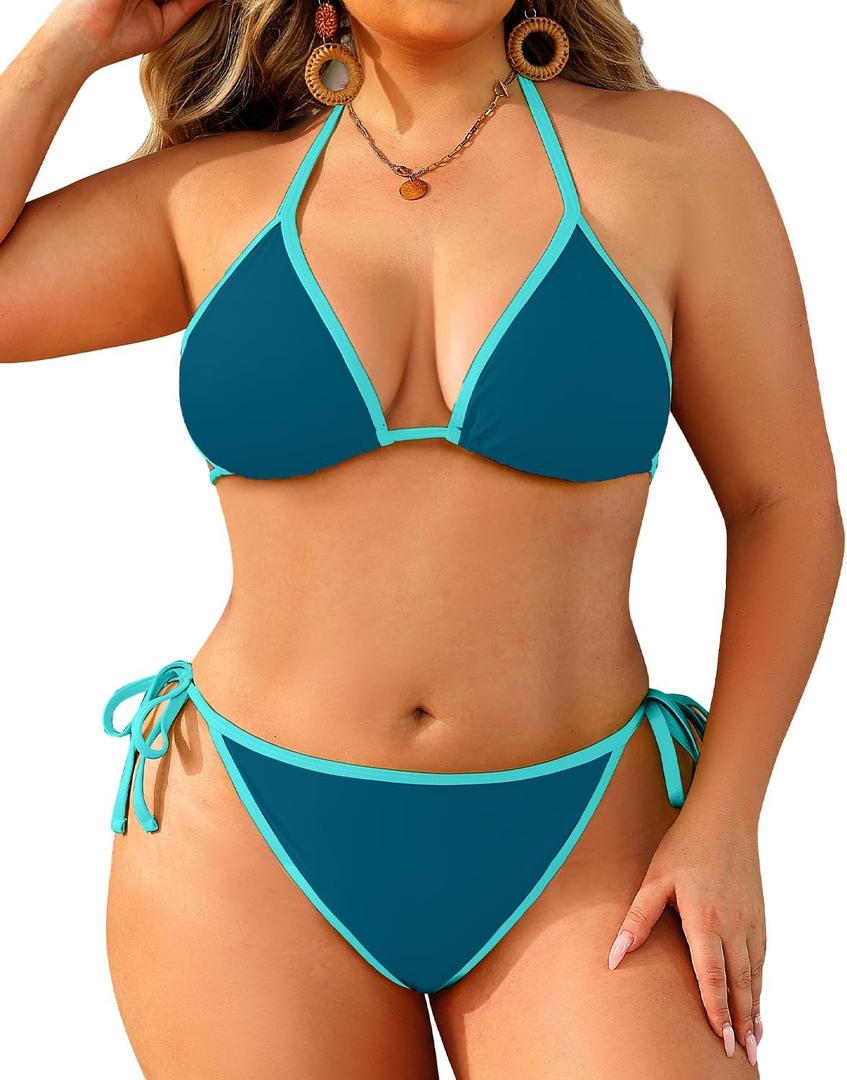 Tempt Me Women String Plus Size Bikini Sets Sexy Triangle Two Piece Halter Swimsuits with Tie Side Bottom Bathing Suit (16 Plus, Blue)