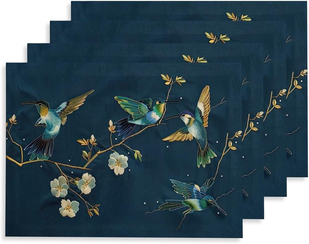 12"x18" Navy/Green Hummingbird Golden White Flowers Placemats Set of 4 Washable Thick Place Mats Kitchen Table Mats Decorative Linen Fabric Table Mat for Dining Table Kitchen Home Decor