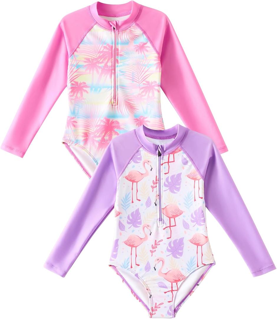 Angel season Girls Long Sleeve Swimsuits One Piece Rash Guard Bathing Suit UPF50+ Toddler Kids Zipper Swimwear Size 2-10 (7-8 Years, 2 Pc Pink/Purple)