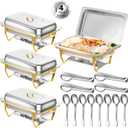 Chafing Dishes, 8 Qt High Grade Buffet Set, Full Size Pan, Rolled-Edge Design Food Warmers for Parties, Wedding, Birthday, Camping 4 Pack (Half Gold)