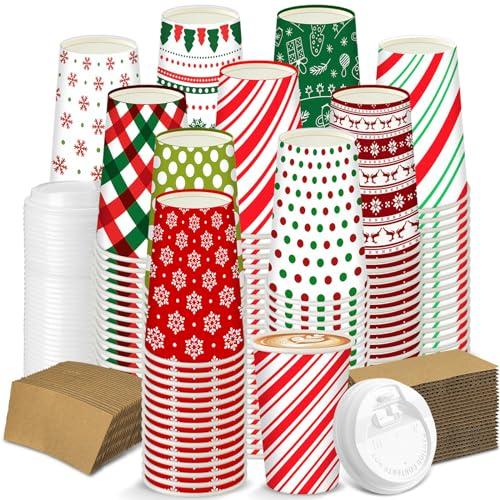 Qilery 300 Pcs Christmas Paper Coffee Cups with Lids and Sleeves Festive Christmas Disposable Hot Cups for Cocoa Chocolate Beverages Decorative Holiday Party Paper Cup(Snowflake,16 oz)