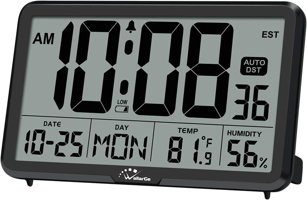 WallarGe Auto Set Digital Wall Clock Battery Operated, Desk Clocks with Temperature, Humidity and Date, Large Display Digital Calendar Alarm Clock for Elderly, Bedroom, Office, 8 Time Zone, Auto DST. (Black)