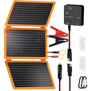 FieryRed 30W 12V Solar Panel Car Battery Charger & Maintainer, Portable Waterproof Trickle Charger with Built-in Controller, Cig Plug, Alligator Clips, USB-C, USB-A Outputs for Car, Boat, RV, Tractor