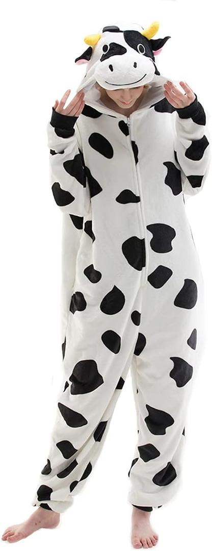 Snug Fit Unisex Adult Onesie Pajamas, Flannel Cosplay Animal One Piece Halloween Costume Sleepwear Homewear (Cow, XS) 