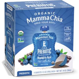 Mamma Chia Organic Prebiotic Squeeze Snack, Blueberry Acai, Fiber-Rich Prebiotic Gut Support, USDA Certified Organic, Non-GMO, Vegan, Gluten Free, 14 Ounce (Pack of 6) (EXP 08/12/27)