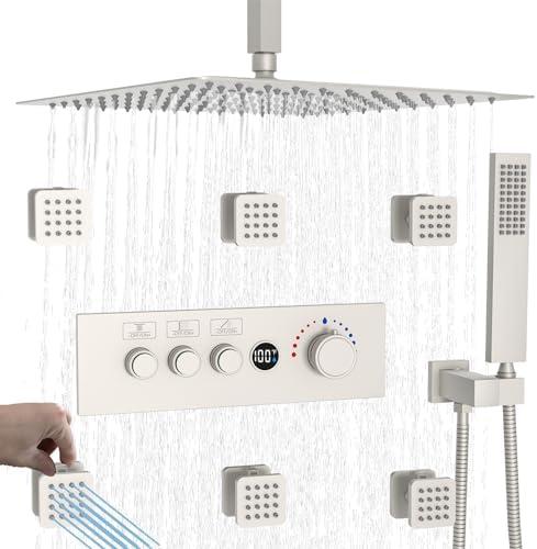Temperature-Display Shower System with Body Jets, 16 Inch Rainfall Shower with Push-button Thermostatic Valve and Independent Flow Control, Brushed Nickel