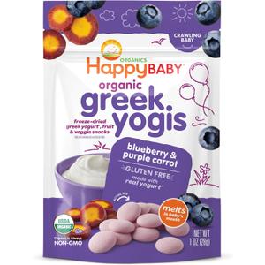 Happy Baby Organics Baby Snacks, Greek Yogis, Freeze Dried Yogurt &Veggie Fruit Snacks, Gluten Free Snack for Babies 9+ Months, Blueberry & Purple Carrot, 1 Ounce (EXP 03/12/26)