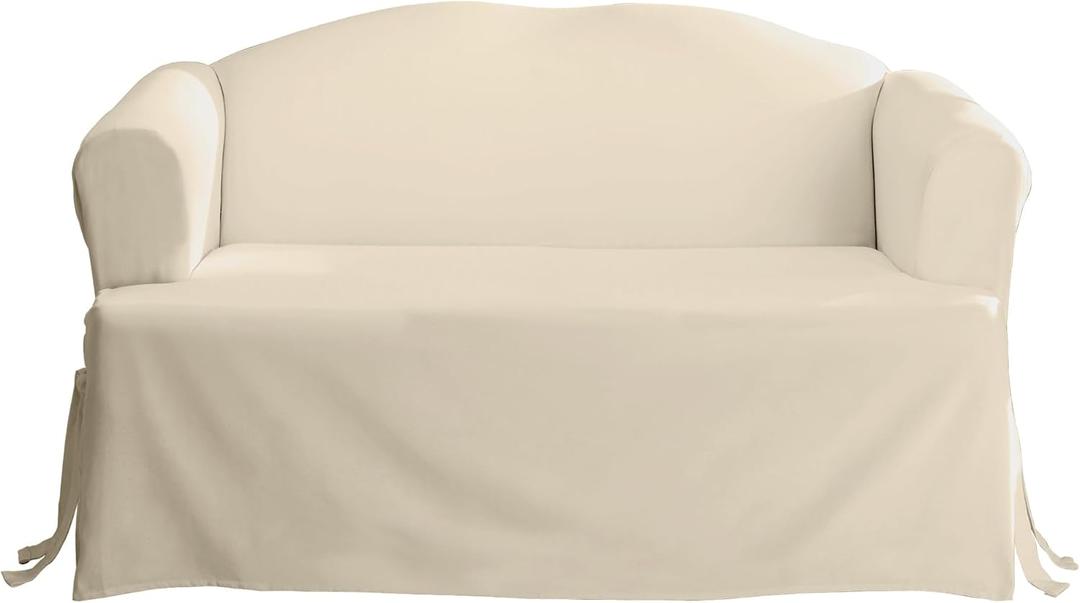 SureFit Home Dcor Cotton Duck Solid T-Cushion Loveseat One Piece Slipcover, Relaxed Fit, 100% Cotton, Machine Washable, Natural Color