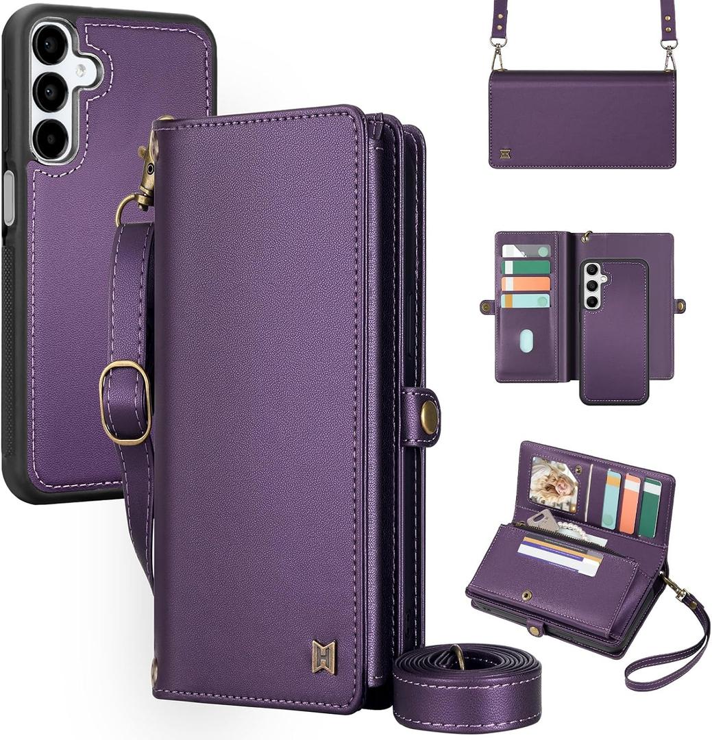 For Wallet Case Compatible with Samsumg Galaxy S24 Plus Multi-Function Detachable 2 in 1 Magnetic Phone Case Wallet,Flip Strap Zipper Card Holder Phone Case with Shoulder Straps (Purple)