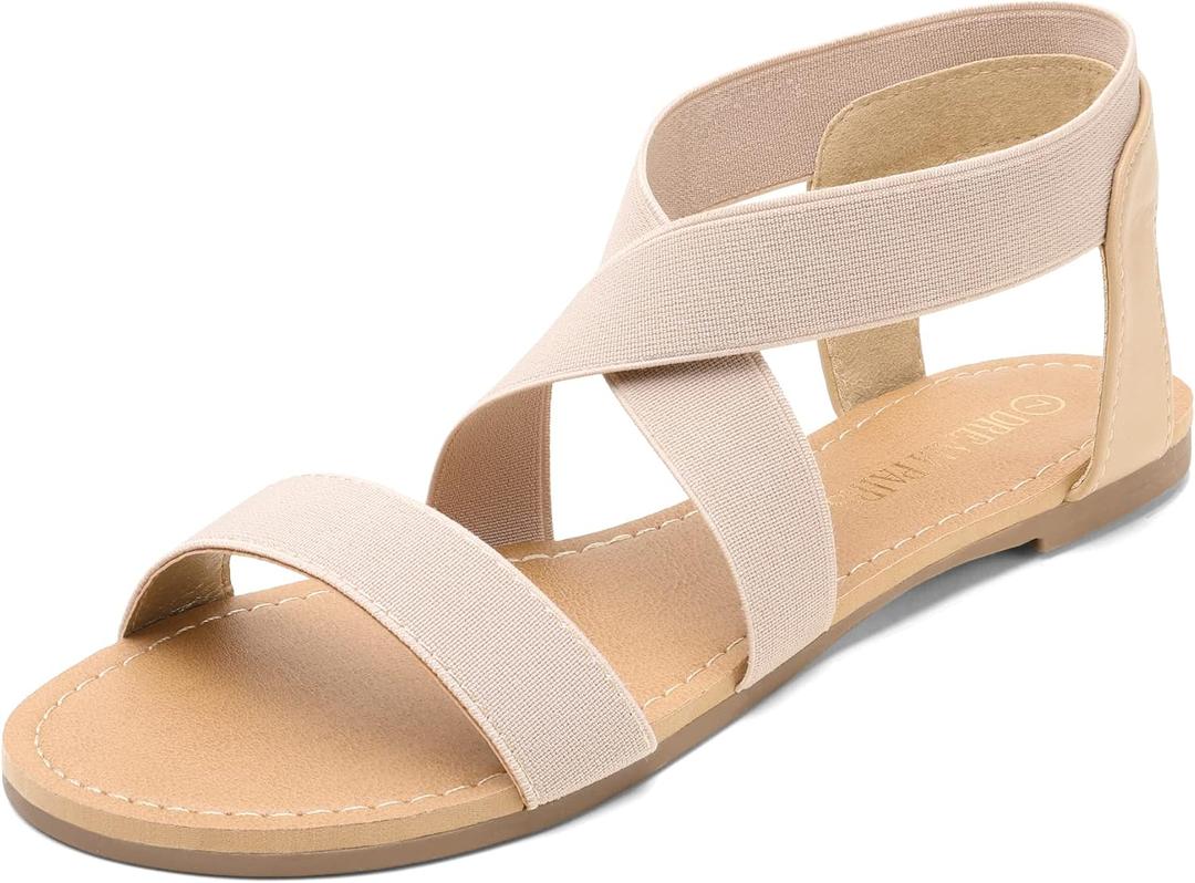 DREAM PAIRS Women's Elastic Ankle Strap Flat Sandals Summer Dressy Shoes Cute Strappy Gladiator Sandals (Beige, 11)