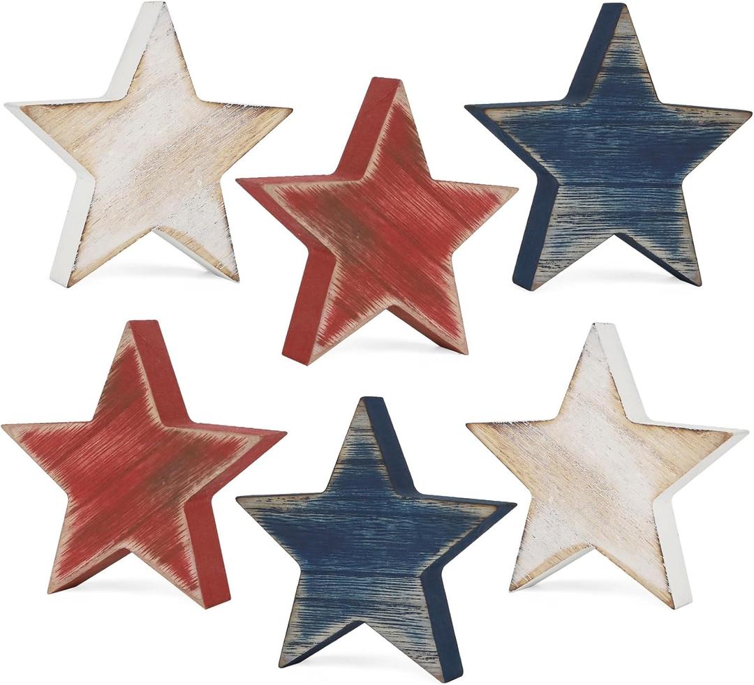 COCHIE 4th of July Decorations Wooden Star Set of 6, Labor Day Decor, Patriotic Memorial Day Tiered Tray Decor, Red White and Blue Veterans Day Decorations for Home Office Table Shelf (Retro Solid)