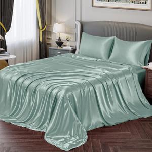 Vonty Satin Sheets Queen Silky Soft Satin Bed Sheets Mint Green Sheet Set, 1 Deep Pocket Fitted Sheet + 1 Flat Sheet + 2 Pillowcases
