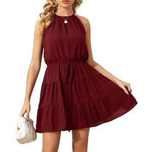 Summer Dress for Women Chiffon Blouses Skirt Spaghetti Sleeveless Tops Halter Ruffle Romper Sun Flowy Summer Outfits, L