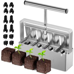 Soil Blocker 2 Inch 4 Cell Upgraded Soil Block Maker Heavy Duty with Comfortable Handle and 3 Sizes Seed Pins Handheld Soil Blocking Tool for Seed Starting transplanting Germination