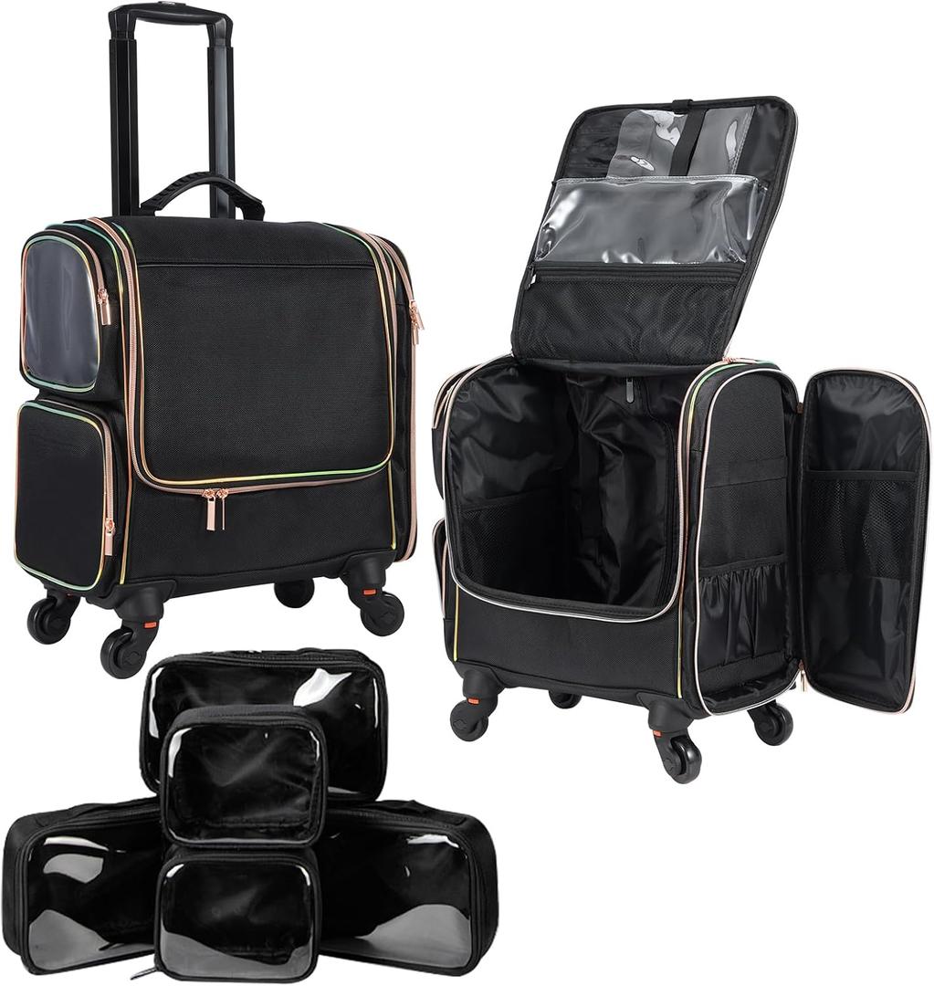 Stagiant Rolling Makeup Train Case, Professional Makeup Case, Travel Cosmetic Organizer Make Up Storage Bag for Makeup Artist, Hairstylist, Barbers, with 5 Toiletry Bags, Black (EXP 08/25/32)